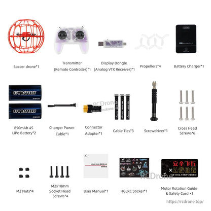 RTF kit contents layout with drone, transmitter, analog VTX receiver, 850mAh 4S batteries