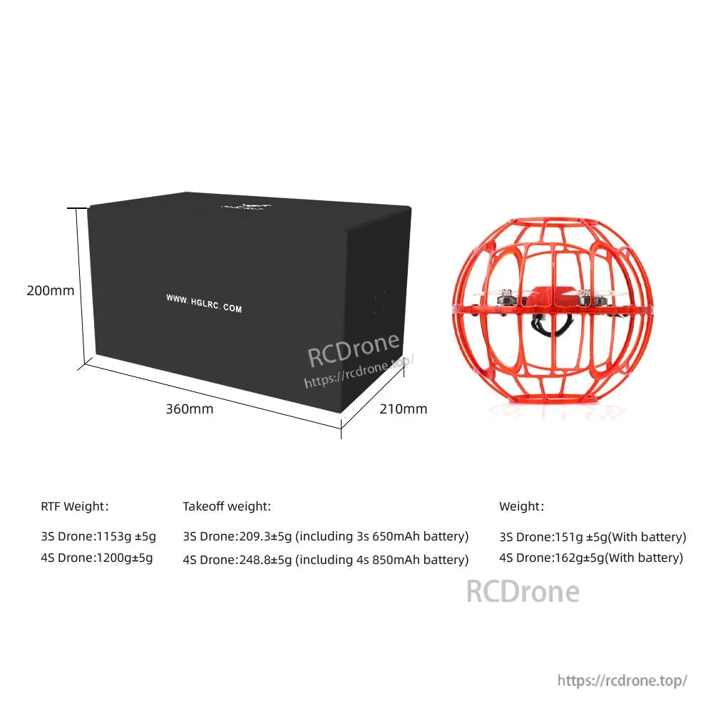 Package box dimensions diagram with drone size and takeoff/RTF weight comparison