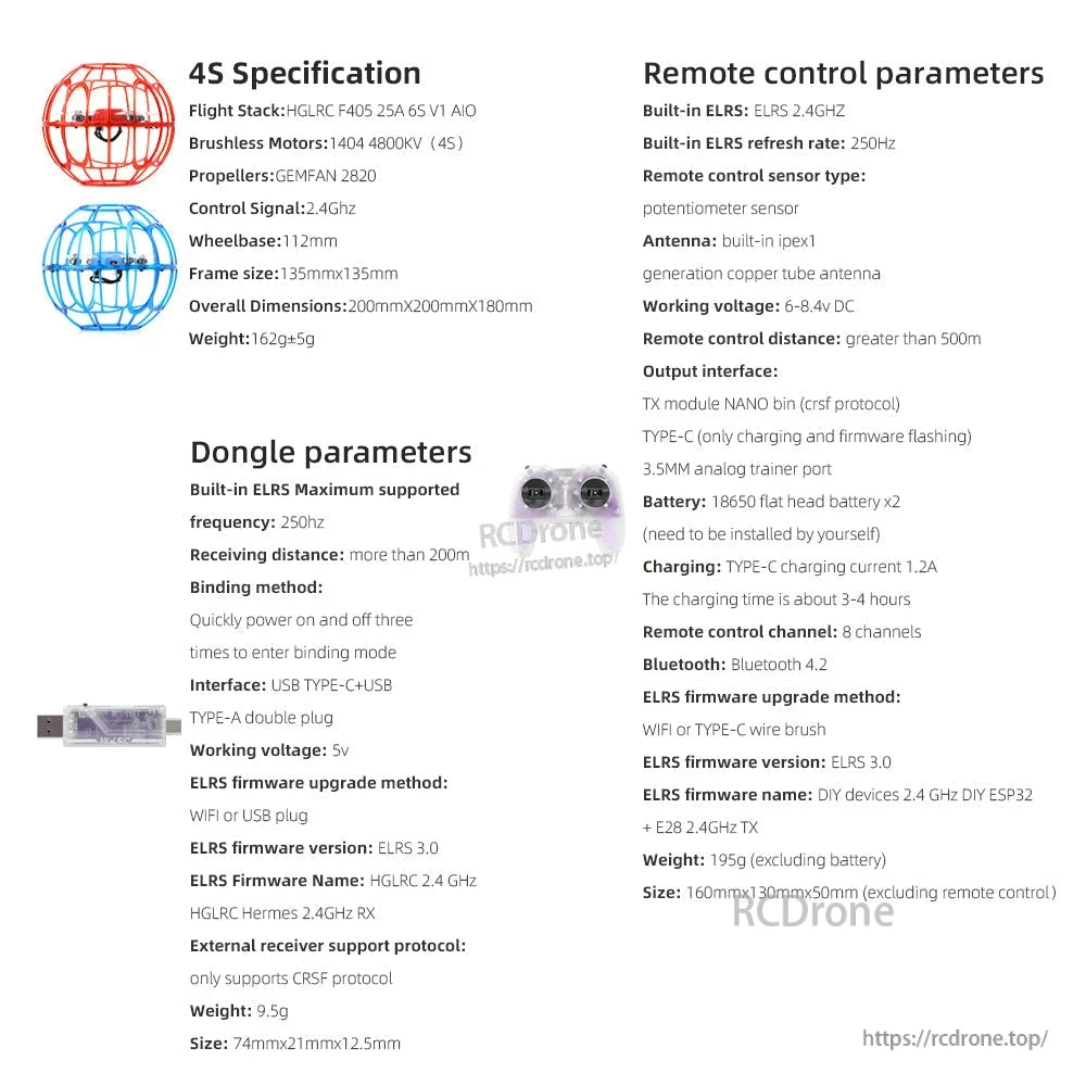 4S specification sheet for soccer drone kit, remote control parameters and dongle info