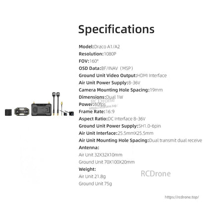 HGLRC Draco A1/A2 specifications sheet with 1080P, 160° FOV, power range, dimensions and weight