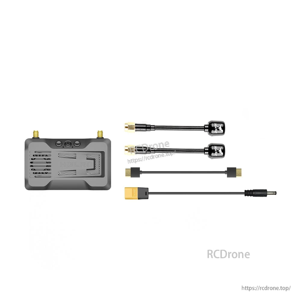 Ground unit with two antennas and cables shown beside HDMI lead and power cable