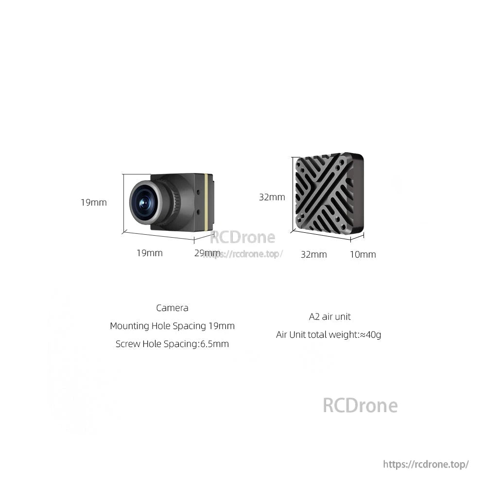 A2 camera and air unit dimensions diagram showing 19mm mount spacing and total weight