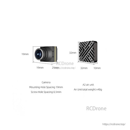 A2 camera and air unit dimensions diagram showing 19mm mount spacing and total weight