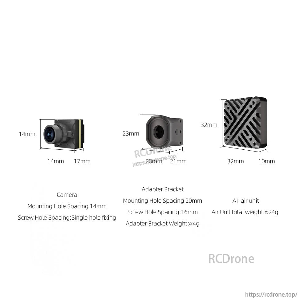 A1 camera, adapter bracket and air unit dimensions diagram with mounting hole spacing and weight notes
