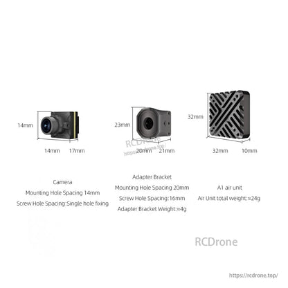 A1 camera, adapter bracket and air unit dimensions diagram with mounting hole spacing and weight notes