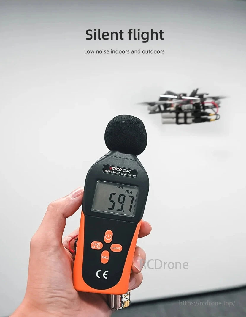 HGLRC Draknight 2-Inch 2S FPV, The drone features silent flight with low noise levels of 59.7 dBA, ensuring quiet operation both indoors and outdoors.