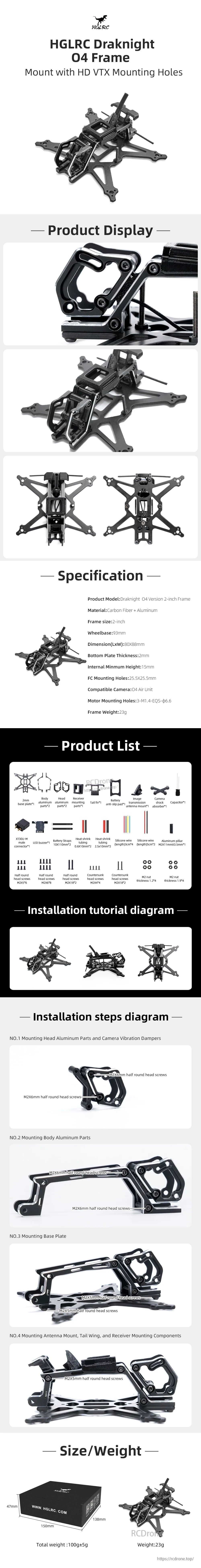 HGLRC Draknight O4 Version 2-Inch FPV Frame overview sheet with specs, parts list, and assembly diagrams
