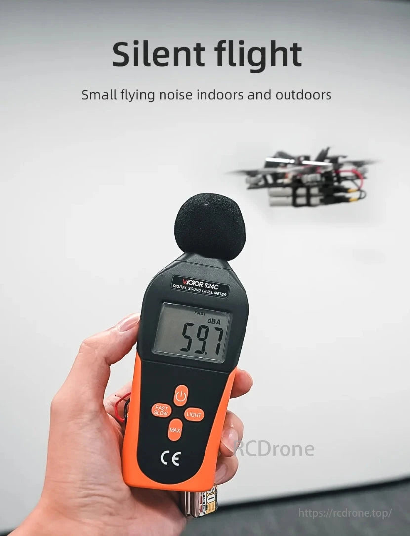 HGLRC Draknight 2S 2-Inch Toothpick FPV, Silent flight with low noise; sound meter reads 59.7 dBA.