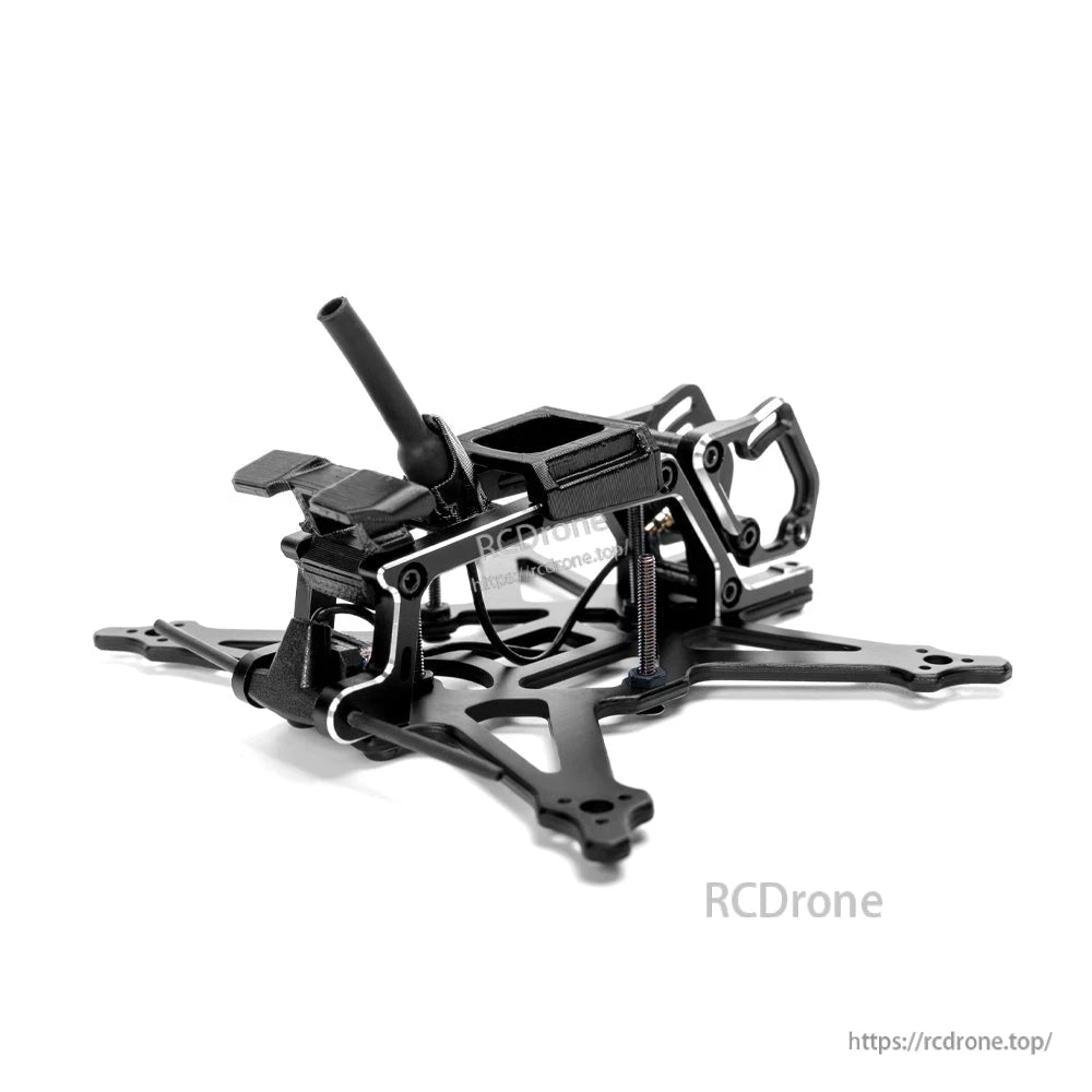 Rear-side angle of the FPV frame showing battery strap area and rear bracket details