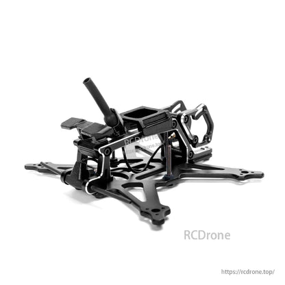 Rear-side angle of the FPV frame showing battery strap area and rear bracket details