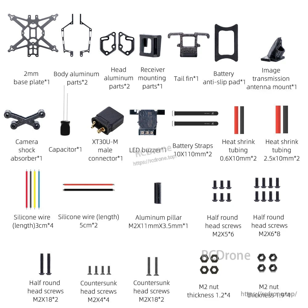 Included parts diagram for Draknight O4 frame kit: plates, mounts, straps, wires, screws