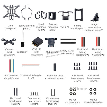 Included parts diagram for Draknight O4 frame kit: plates, mounts, straps, wires, screws