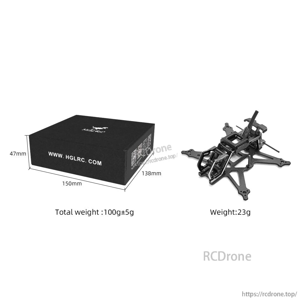Packaging and weight graphic showing HGLRC box dimensions and frame weight 23g