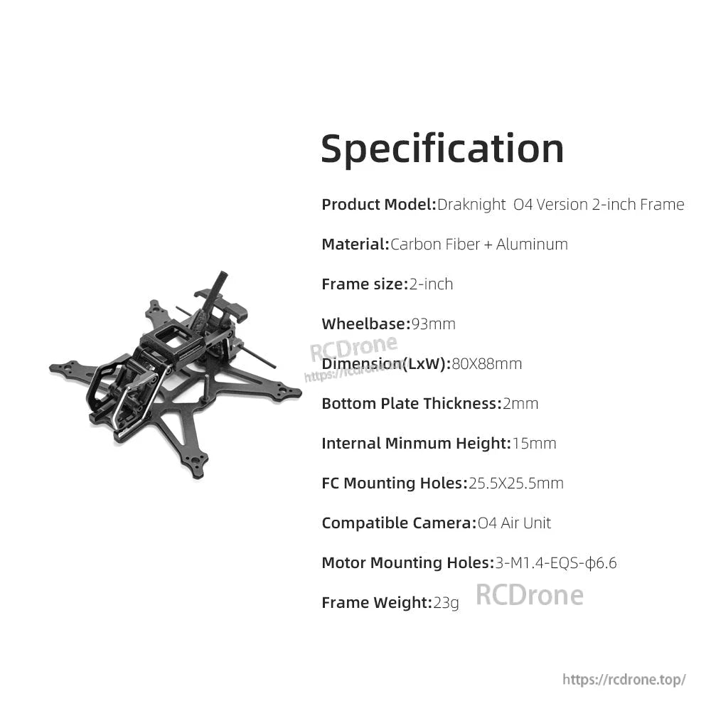 Specification sheet for Draknight O4 Version 2-inch frame with wheelbase 93mm and dimensions