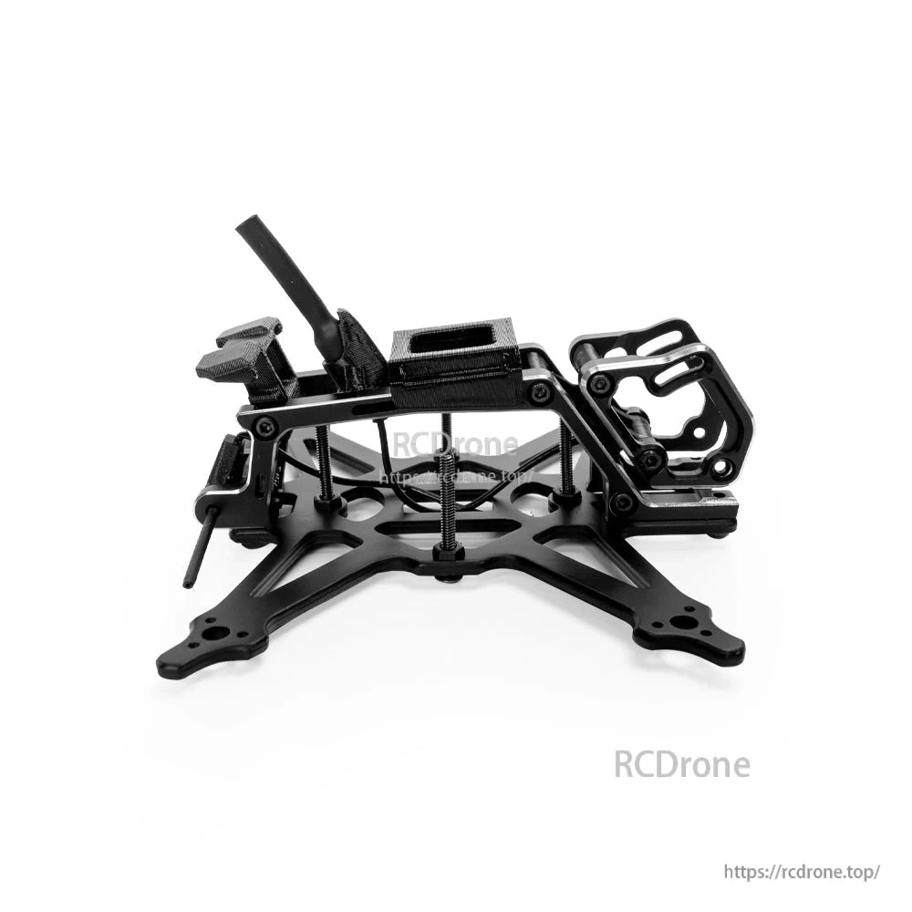 Side profile of the assembled FPV frame showing standoffs, top plate, and rear mount
