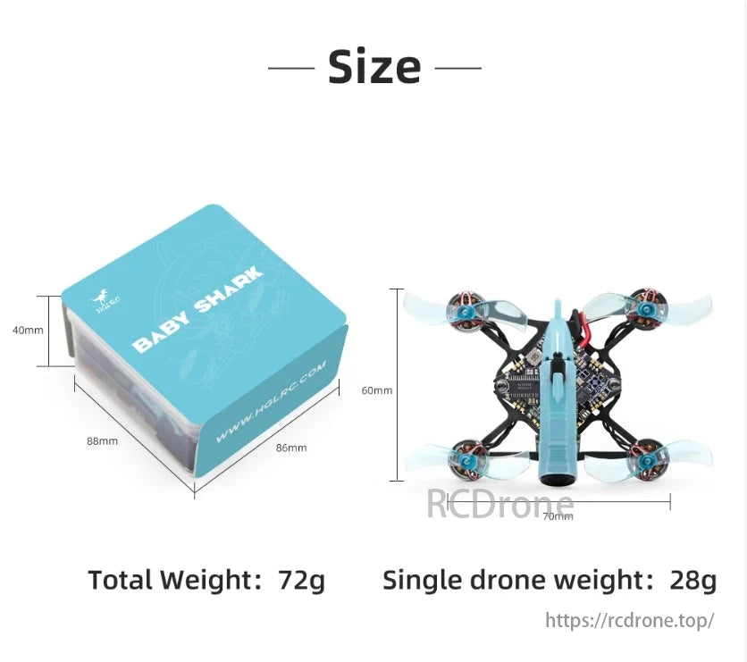 HGLRC Drashark V2 1.6-Inch 1S Toothpick FPV, Baby Shark drone is 60x70mm in size, weighs 28g, and comes in a 40x86x88mm box.