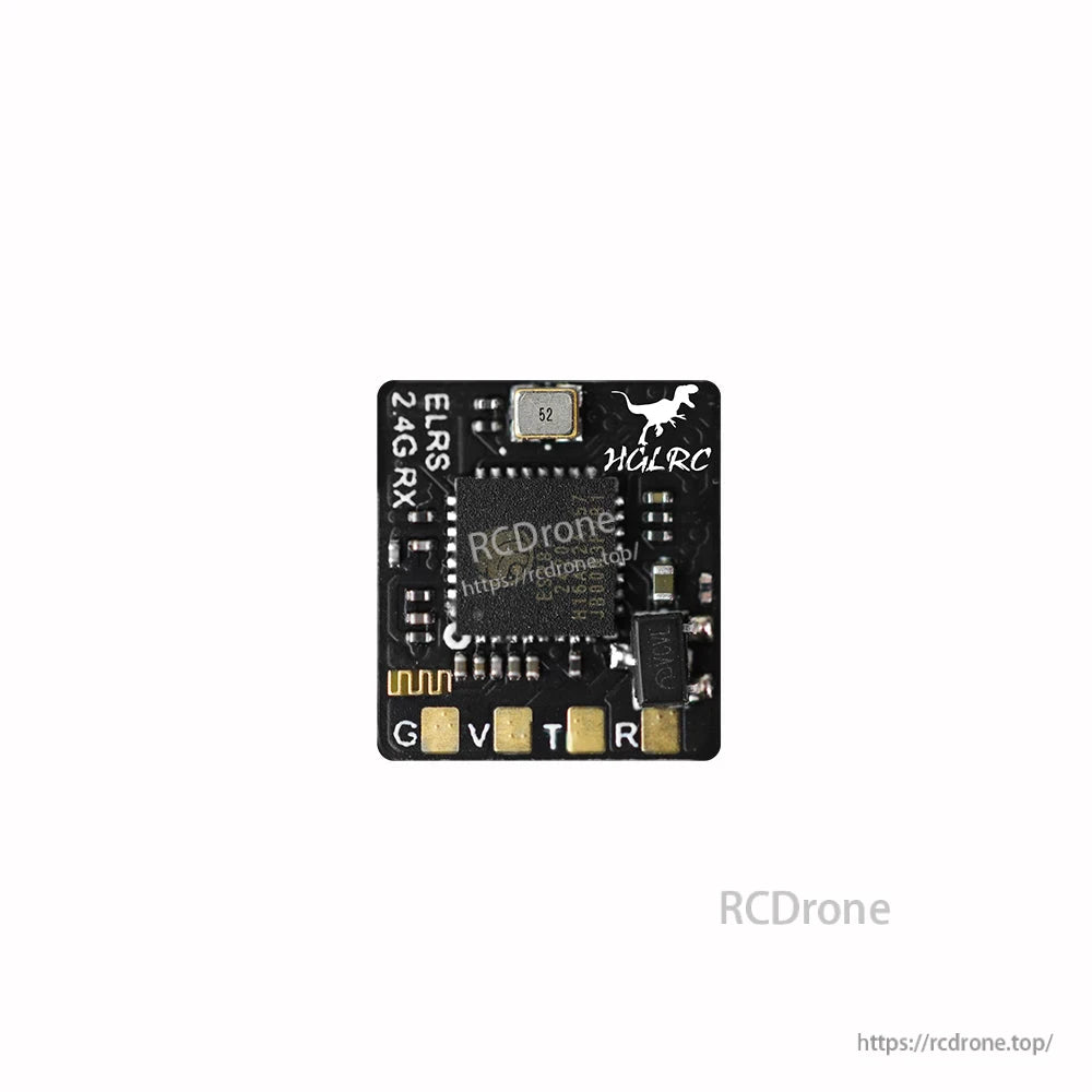 Straight-on top view of ELRS 2.4G RX board with HGLRC logo and G V T R pad labels