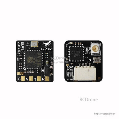Front and back views of receiver side by side, showing solder pads and antenna connector location