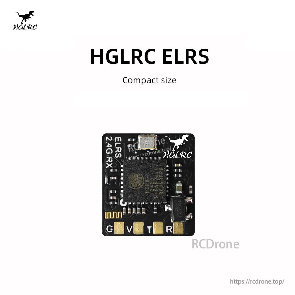 HGLRC ELRS 2.4G Receiver PCB top view showing ELRS 2.4G RX markings and G V T R solder pads