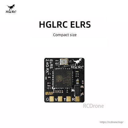 HGLRC ELRS 2.4G Receiver PCB top view showing ELRS 2.4G RX markings and G V T R solder pads