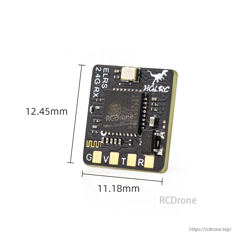 Receiver board dimensions shown: 12.45 mm x 11.18 mm compact PCB size diagram