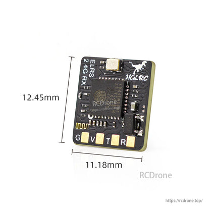 Receiver board dimensions shown: 12.45 mm x 11.18 mm compact PCB size diagram