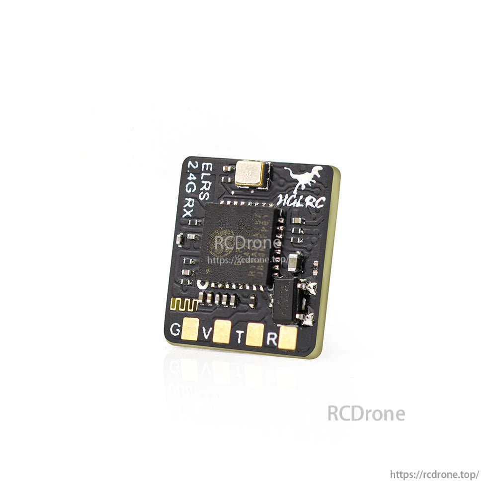 Angled top view of receiver PCB with ELRS 2.4G RX text and G V T R solder pads