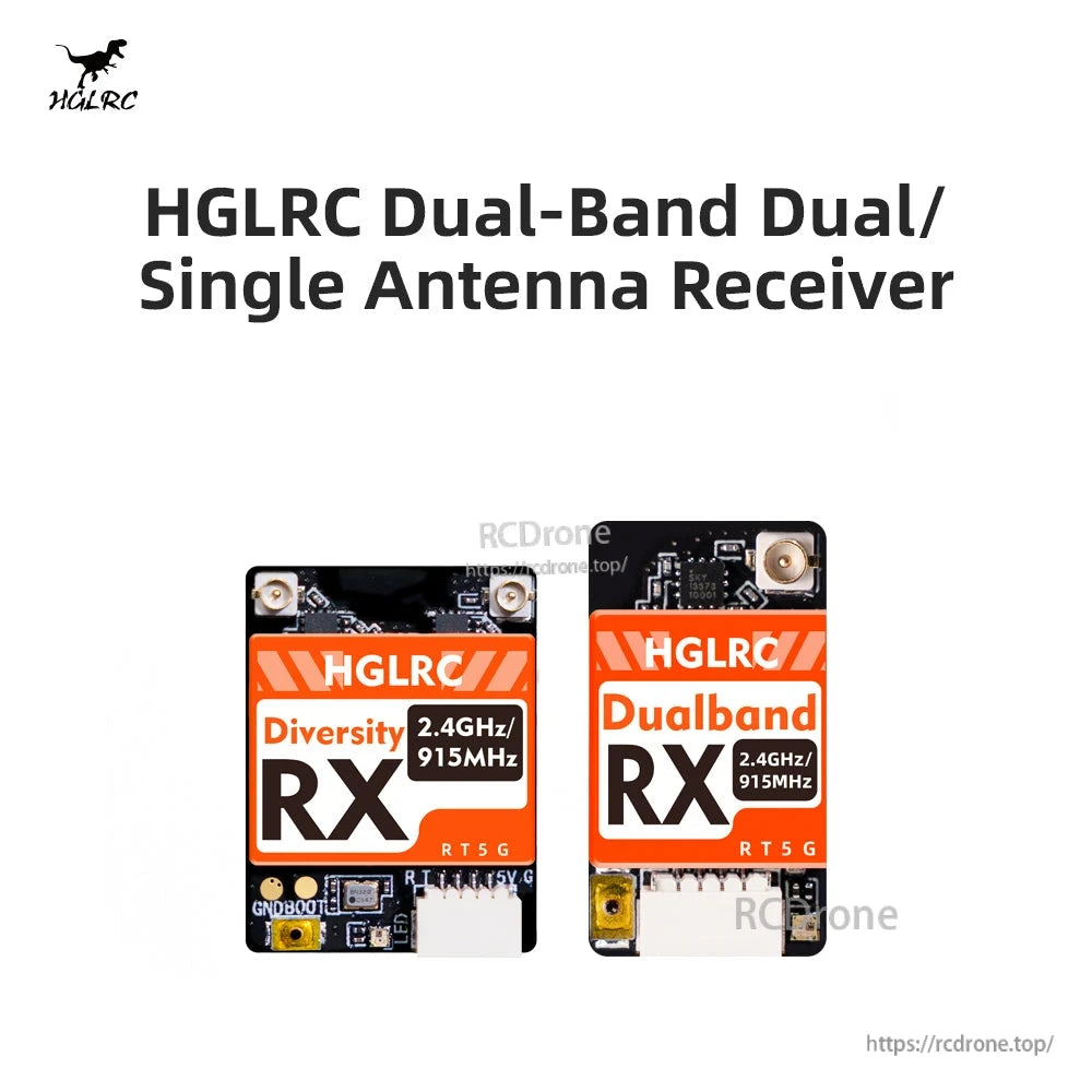 HGLRC dual-band receiver comparison showing Diversity RX and Dualband RX boards side by side