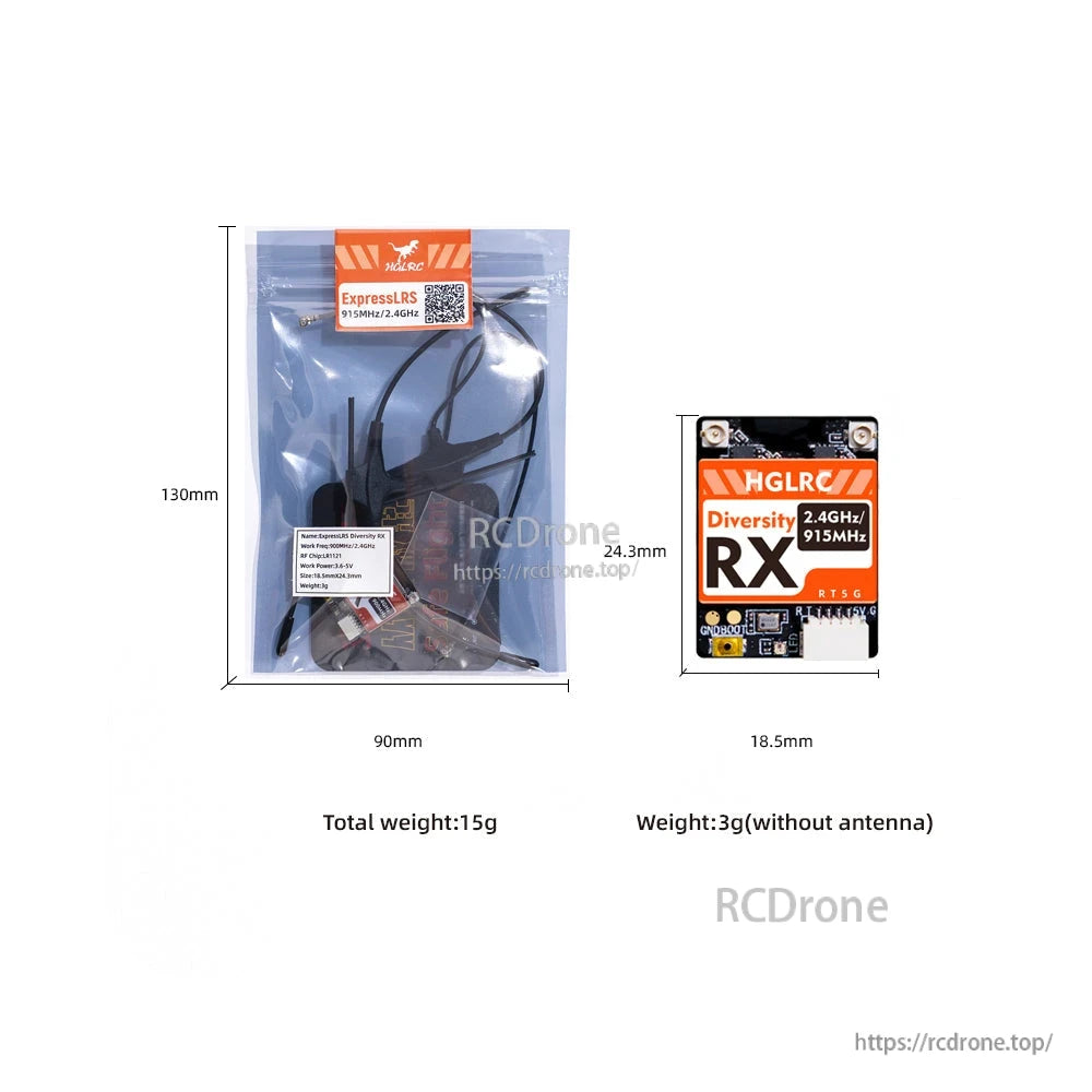 Retail bag and receiver size chart showing package dimensions and weights for the larger receiver board