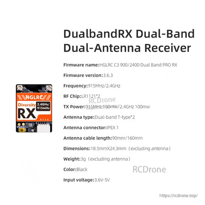 DualbandRX dual-antenna receiver specification list with frequency, dimensions, weight, and input voltage