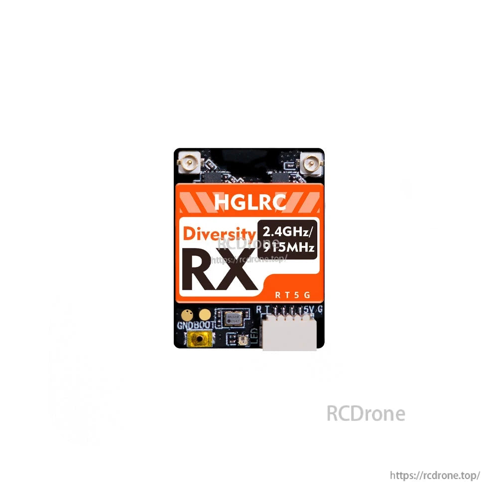 Close-up of HGLRC dual-band receiver front label showing Diversity RX and 2.4GHz/915MHz