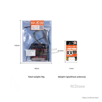 Retail bag and receiver size chart showing package dimensions and weights for the smaller nano receiver board