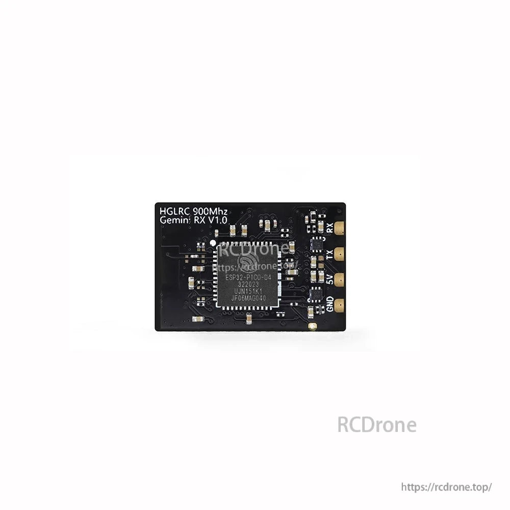 HGLRC 900MHz Gemini RX V1.0 receiver underside with solder pads and central chip