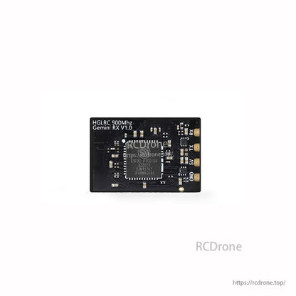 HGLRC 900MHz Gemini RX V1.0 receiver underside with solder pads and central chip