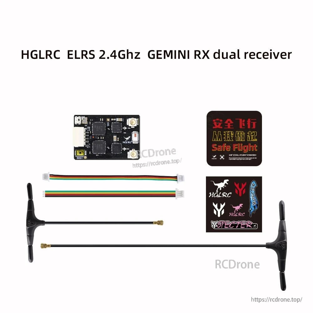 2.4GHz Gemini RX package contents: receiver board, T antenna, wiring harness, stickers