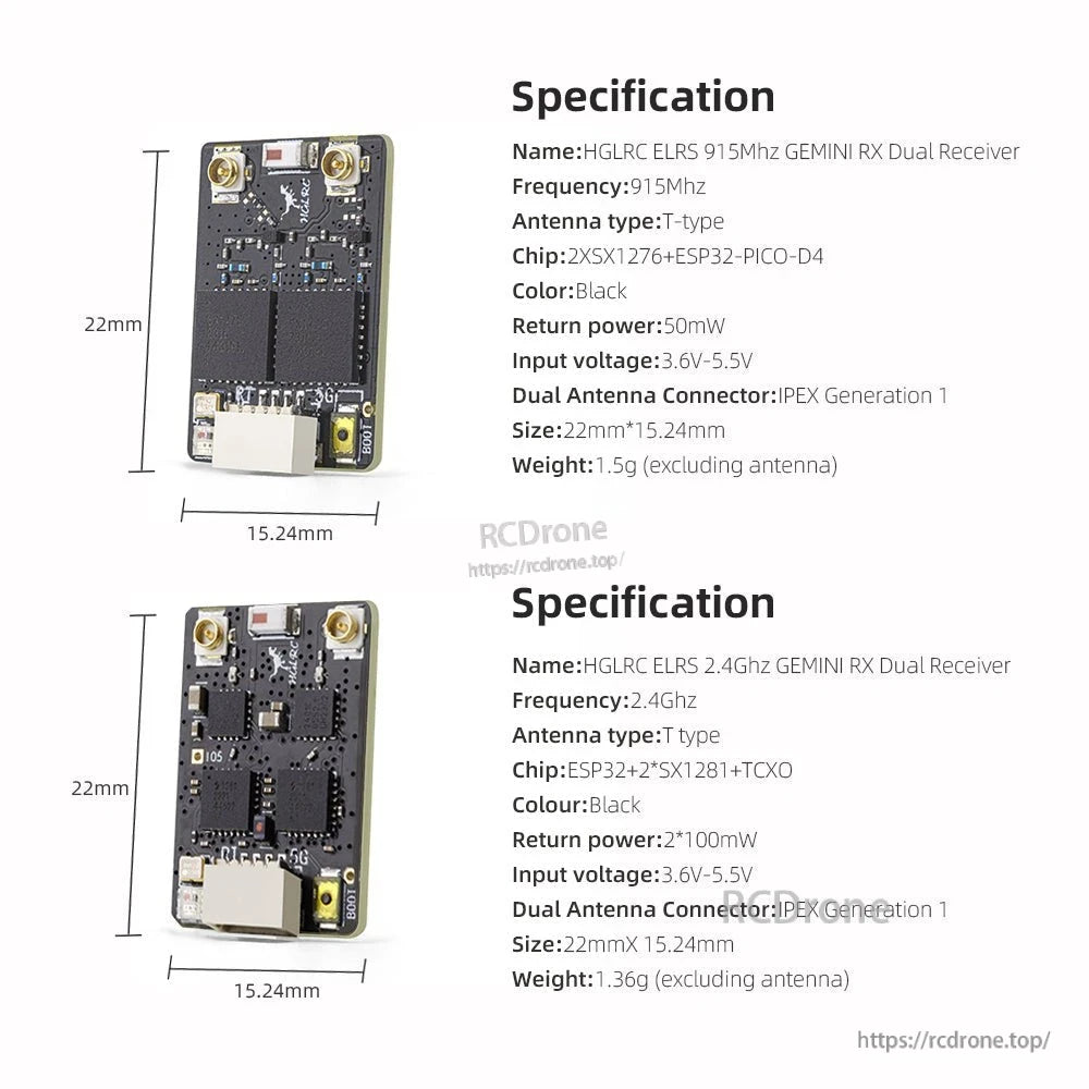 Receiver specification chart with dimensions (22mm x 15.24mm) for 915MHz and 2.4GHz versions