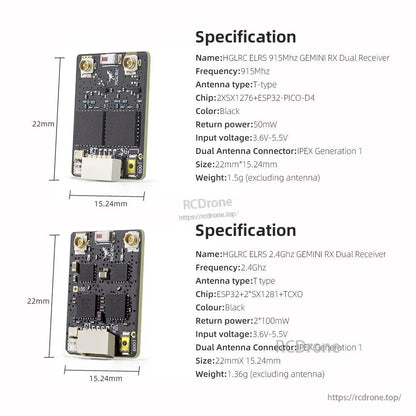 Receiver specification chart with dimensions (22mm x 15.24mm) for 915MHz and 2.4GHz versions