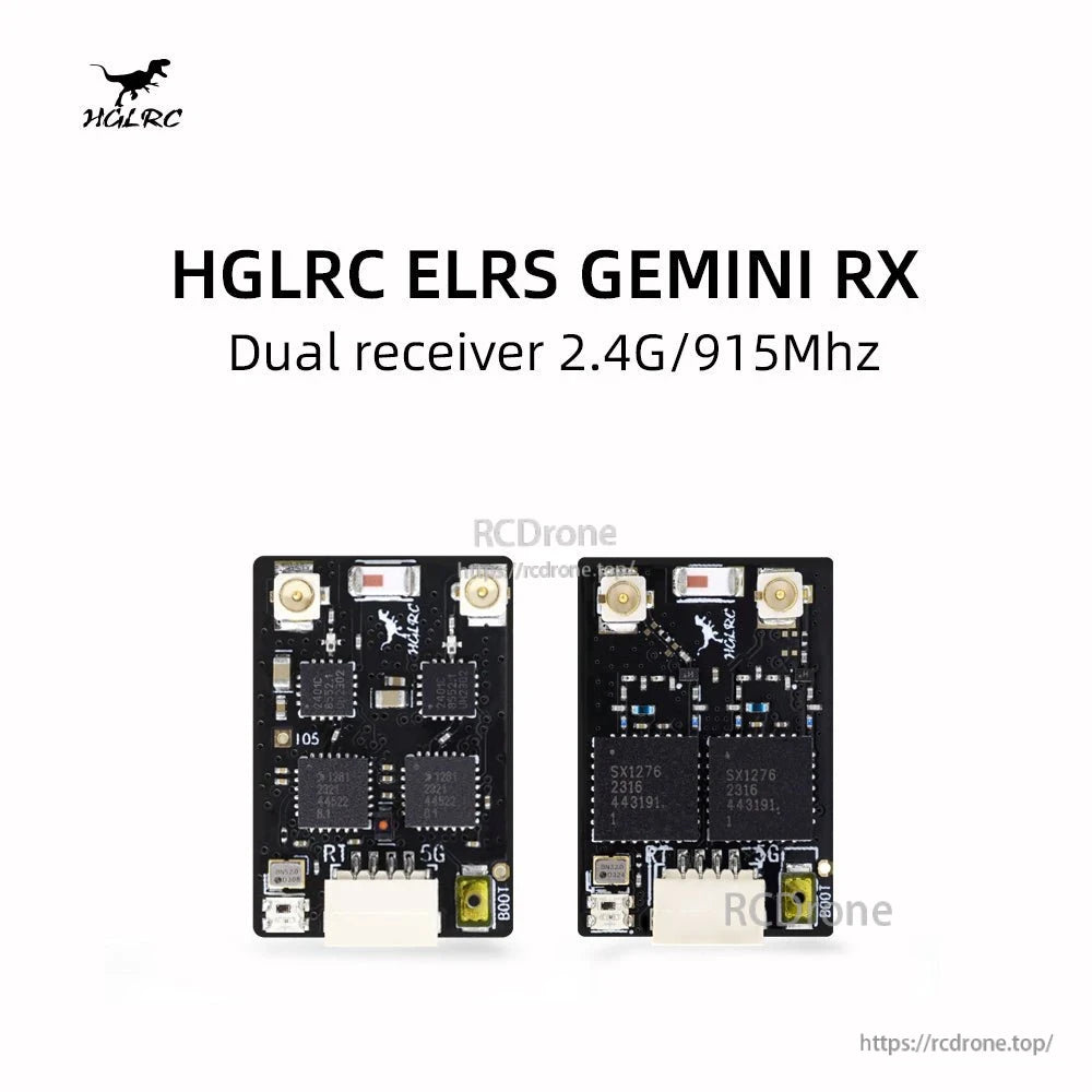 HGLRC ELRS GEMINI RX Dual Receiver 2.4G/915MHz product graphic with two receiver boards