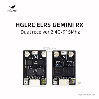 HGLRC ELRS GEMINI RX Dual Receiver 2.4G/915MHz product graphic with two receiver boards