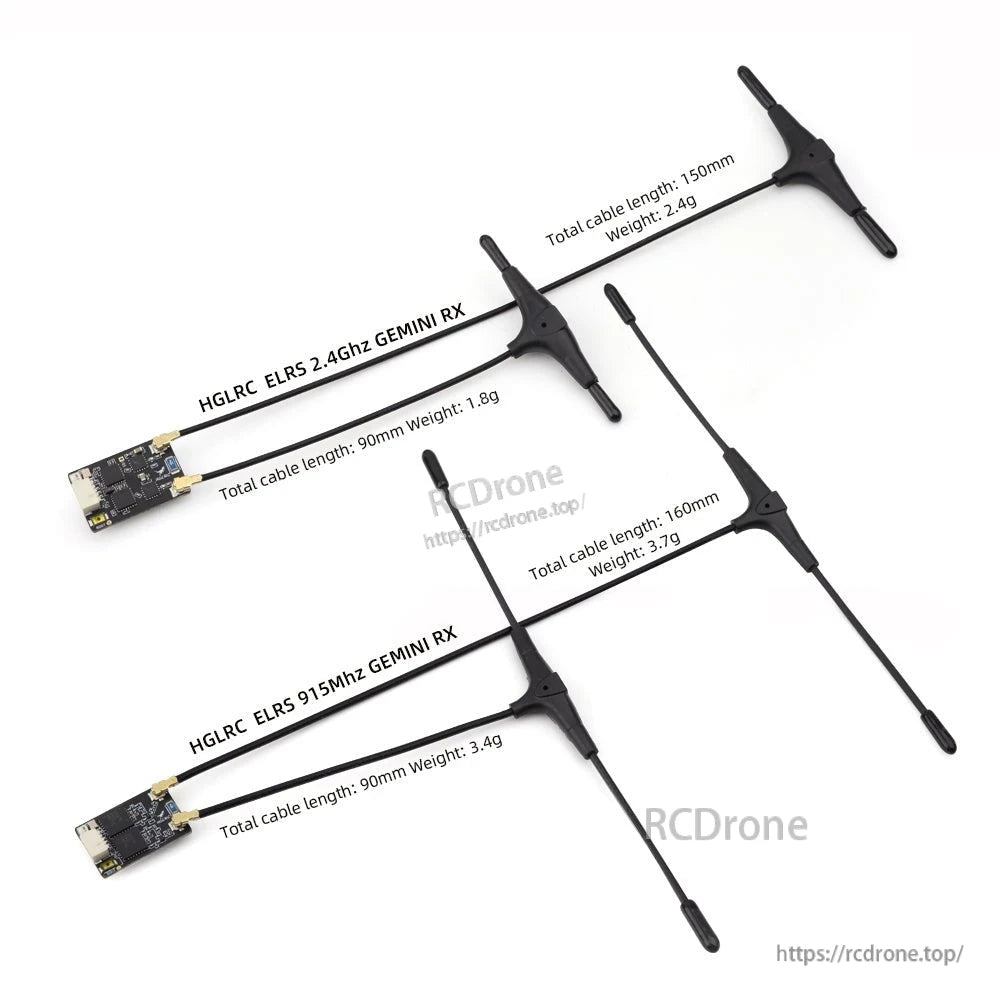 T-style antennas and receiver boards shown with cable length and weight notes for 2.4GHz and 915MHz