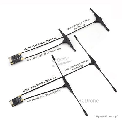 T-style antennas and receiver boards shown with cable length and weight notes for 2.4GHz and 915MHz