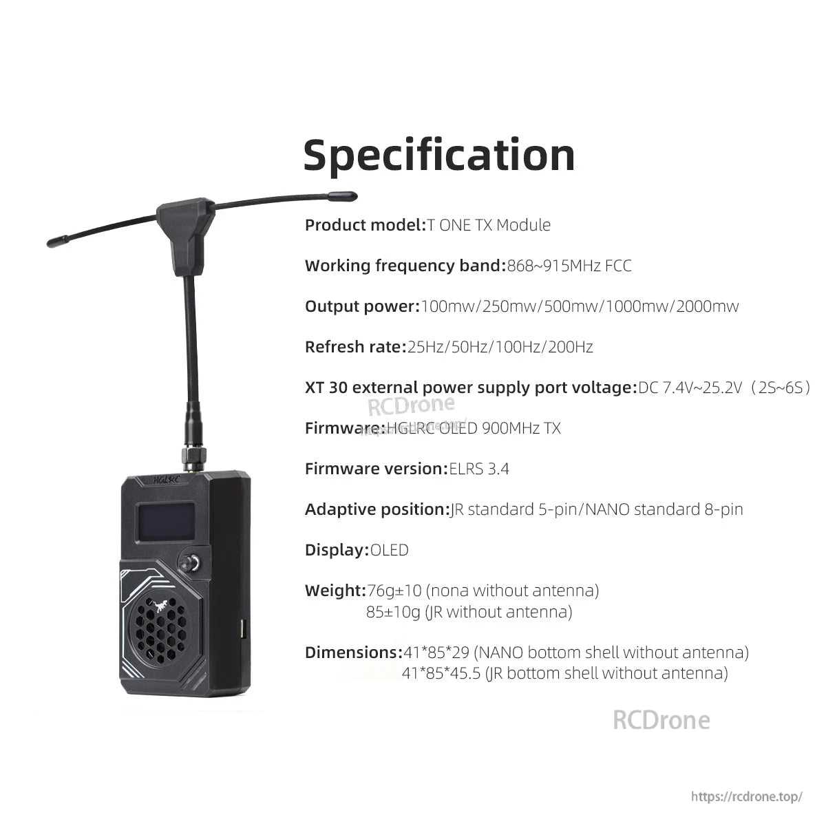 Specification sheet for T ONE TX Module: 868-915MHz band, XT30 2S-6S input, OLED, sizes