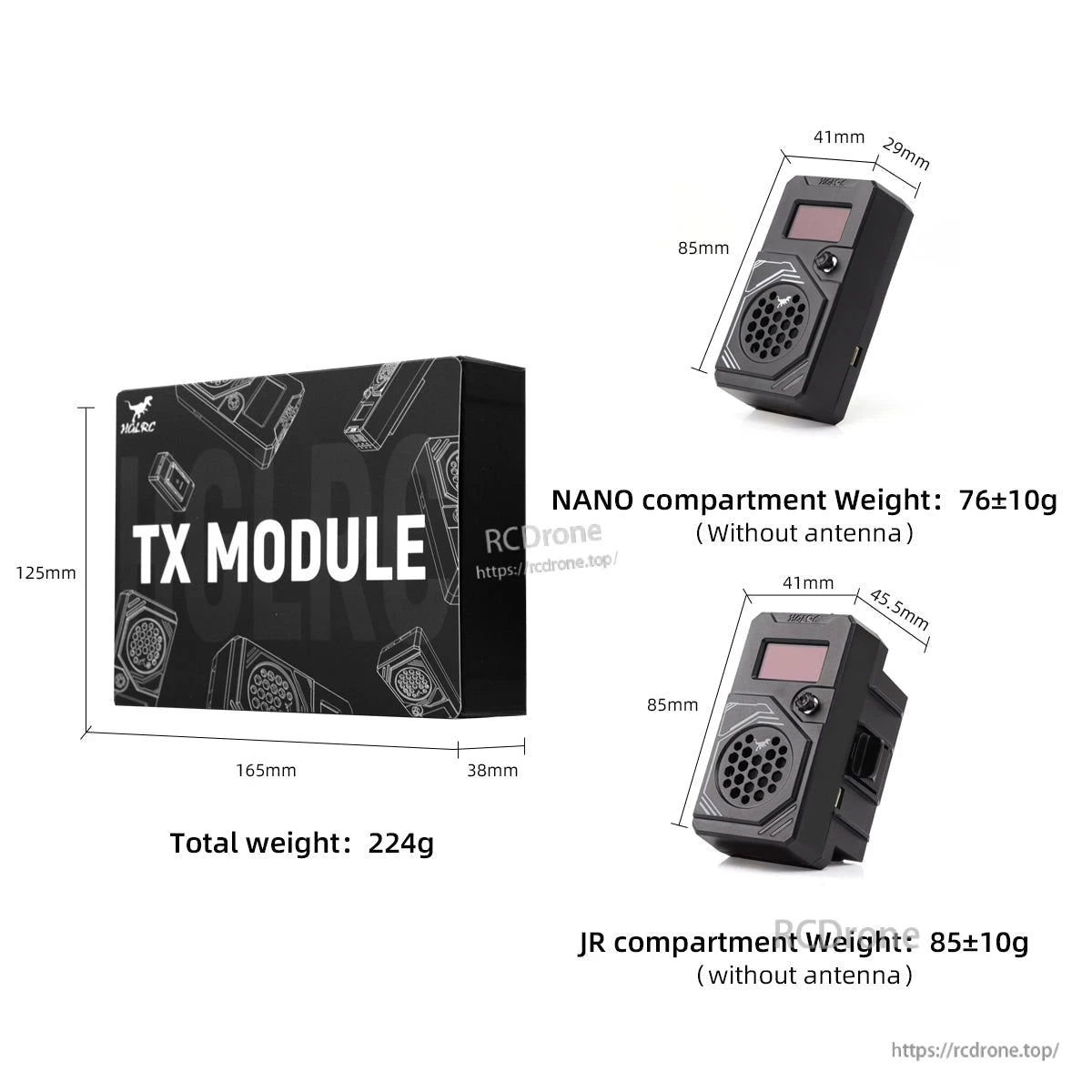 TX module box, dimensions, and weight chart for Nano and JR compartments (without antenna)