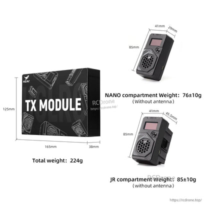 TX module box, dimensions, and weight chart for Nano and JR compartments (without antenna)