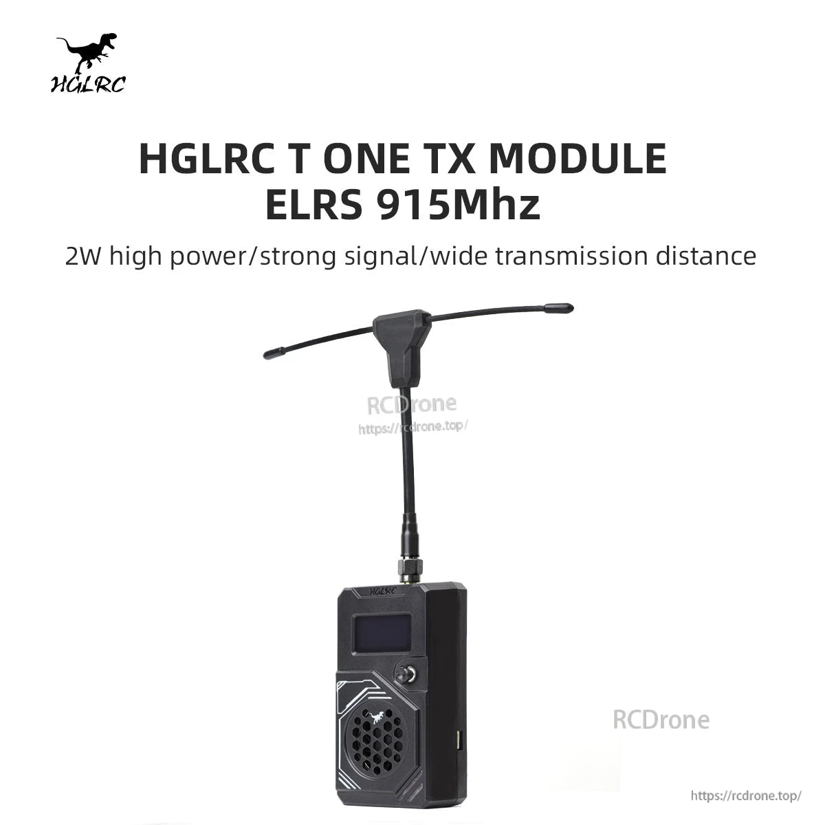 HGLRC T ONE TX Module ELRS 915MHz graphic showing antenna and 2W power headline