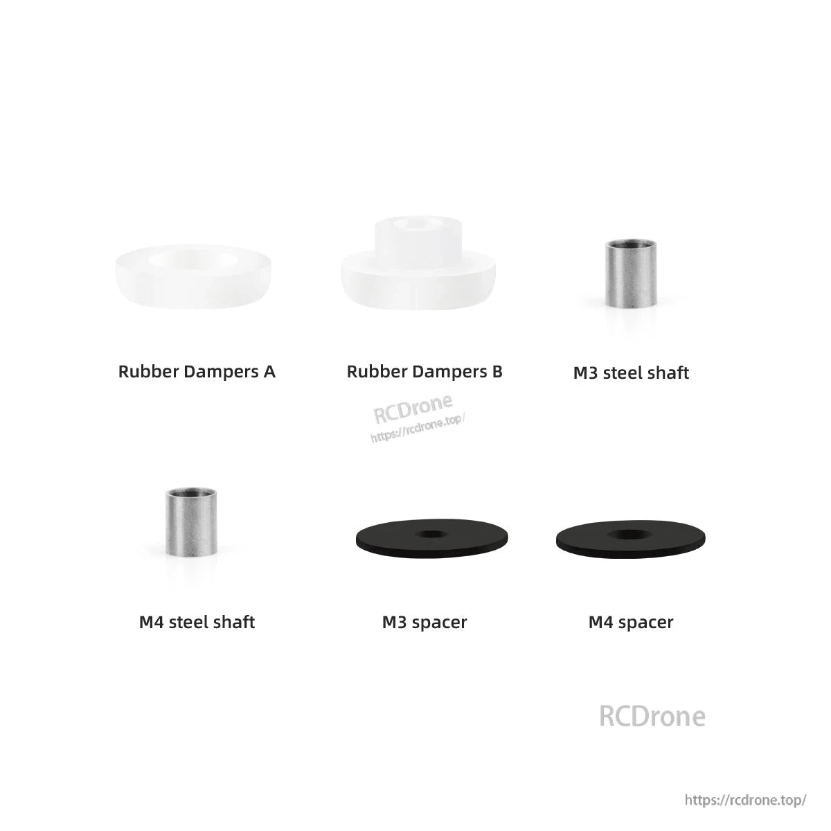 Kit contents labeled: Rubber Dampers A and B, M3/M4 steel shaft, M3 spacer, and M4 spacer