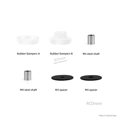 Kit contents labeled: Rubber Dampers A and B, M3/M4 steel shaft, M3 spacer, and M4 spacer