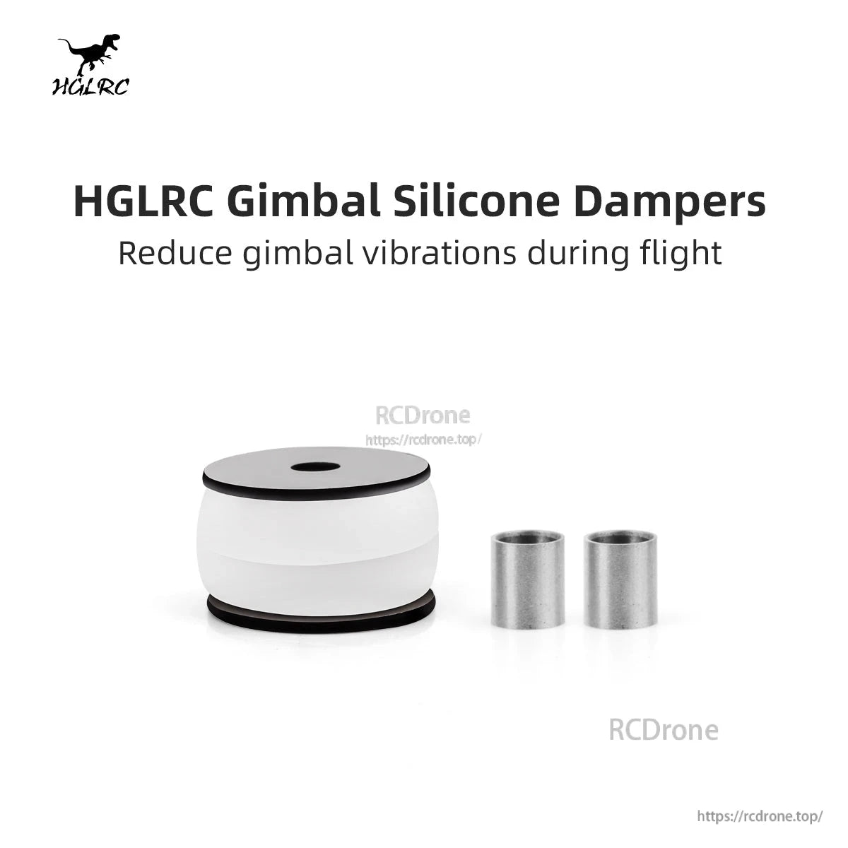 HGLRC Gimbal Silicone Dampers graphic showing damper with metal sleeves and text about reducing vibrations