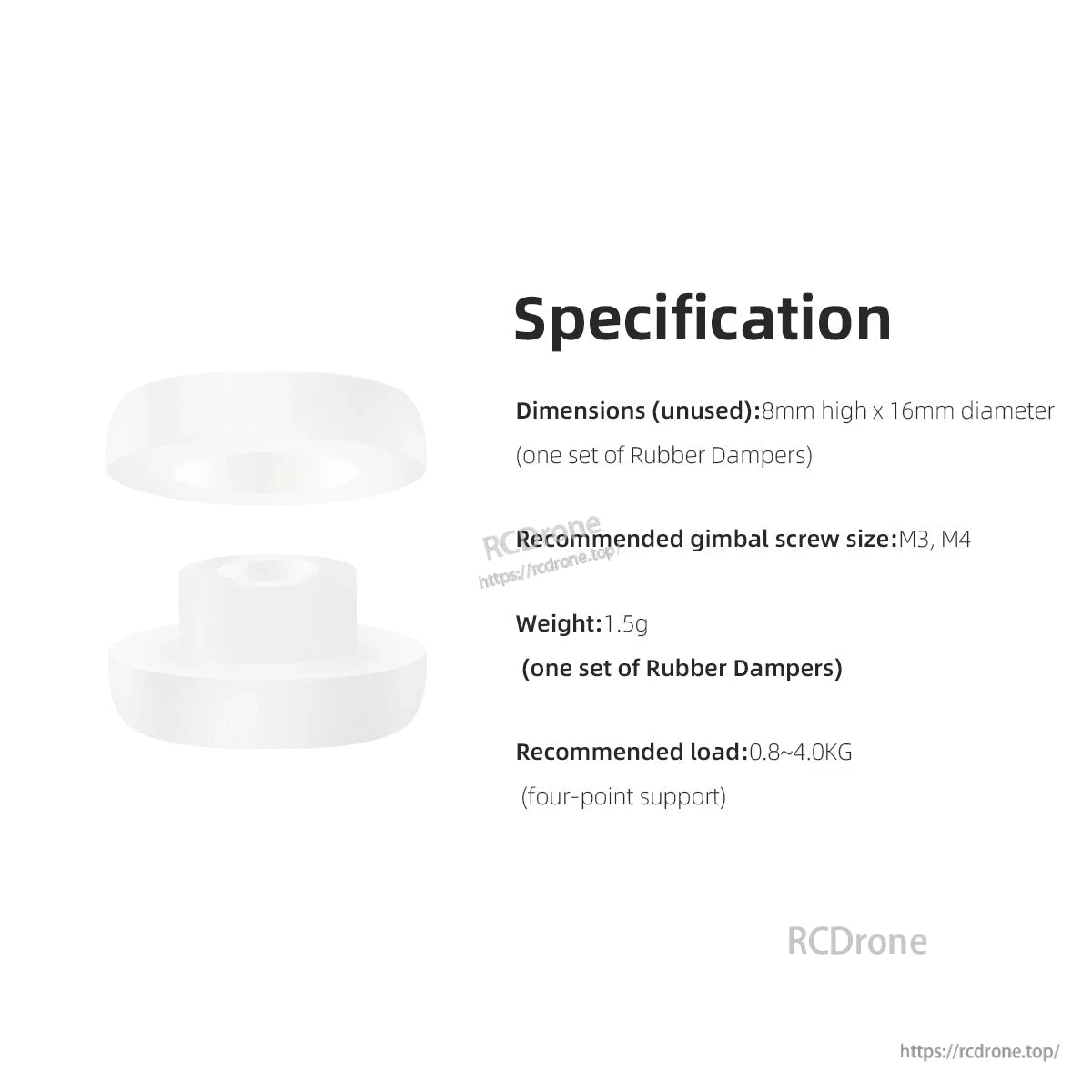 Specification graphic for gimbal silicone damper: 8mm high x 16mm diameter, 1.5g, M3/M4 screws, load 0.8–4.0kg