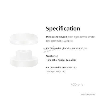 Specification graphic for gimbal silicone damper: 8mm high x 16mm diameter, 1.5g, M3/M4 screws, load 0.8–4.0kg